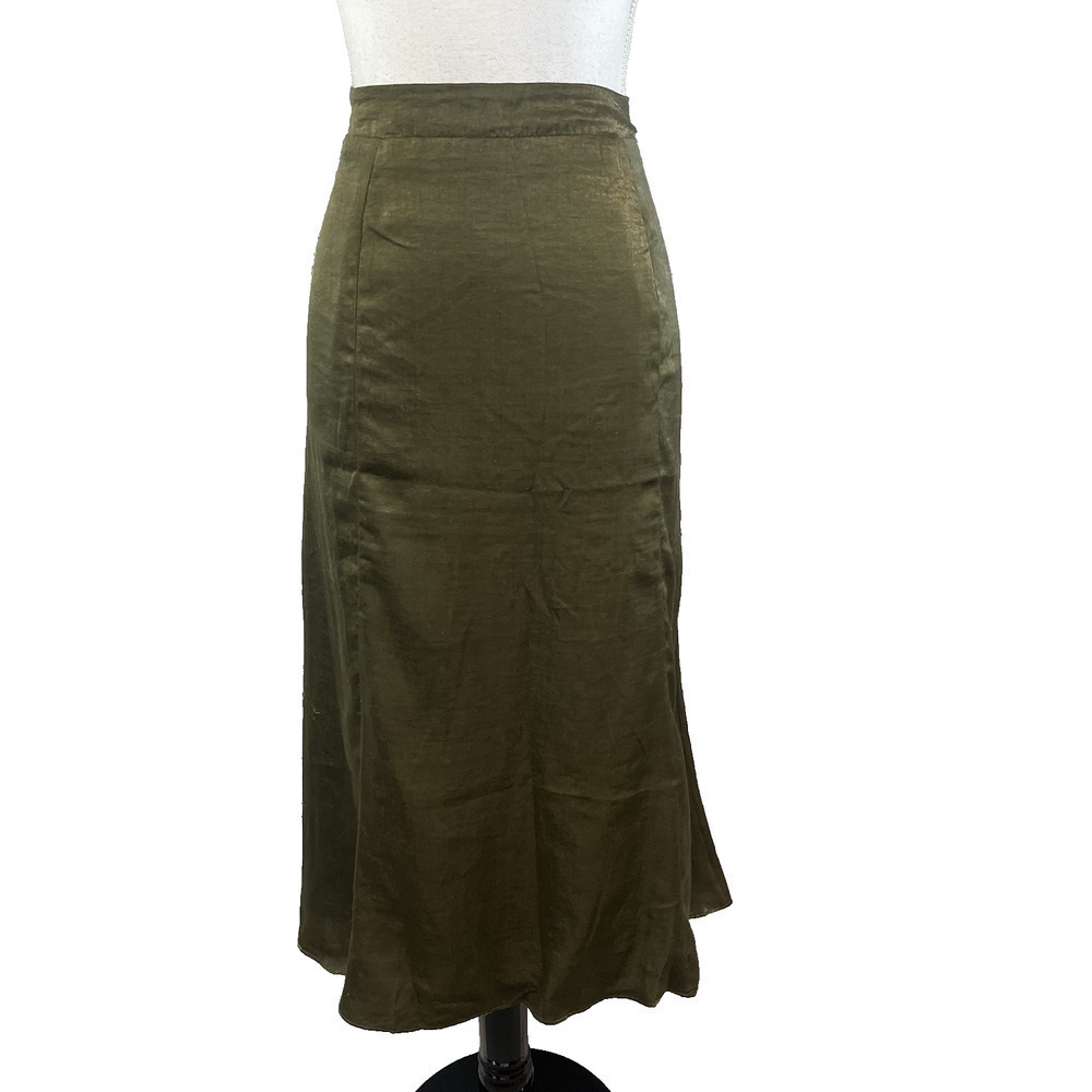 Mystree Skirt size Large Olive Green Satin Midi A Line Modest Church Casual Slim